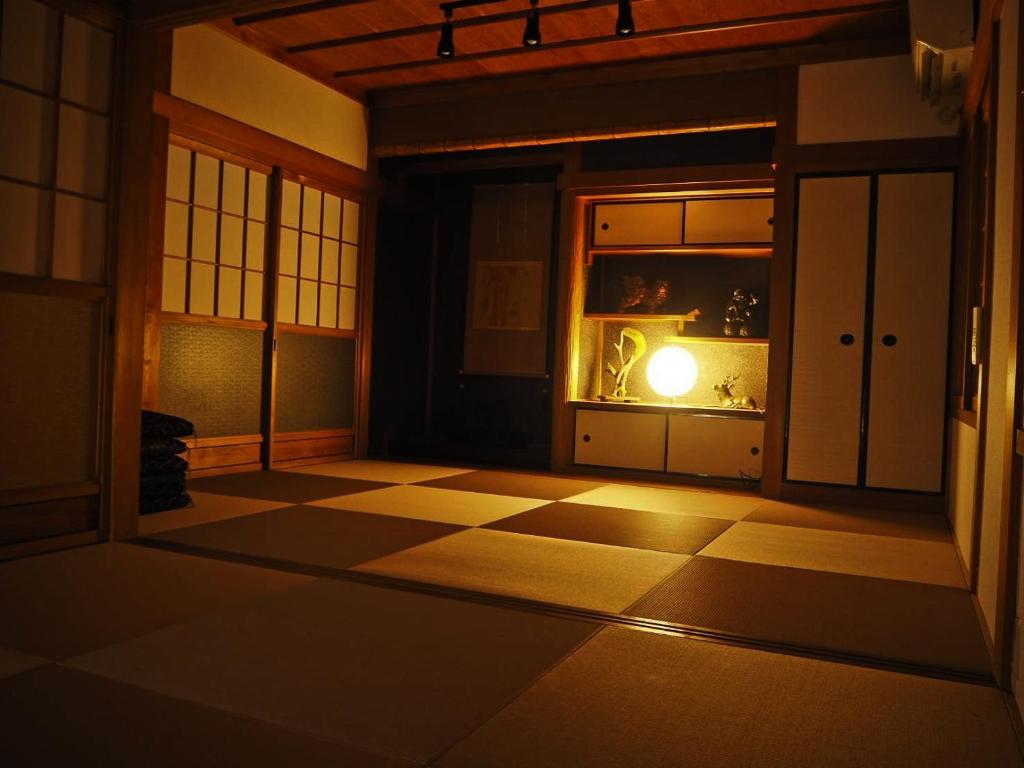 Tatami room at night with warm lighting