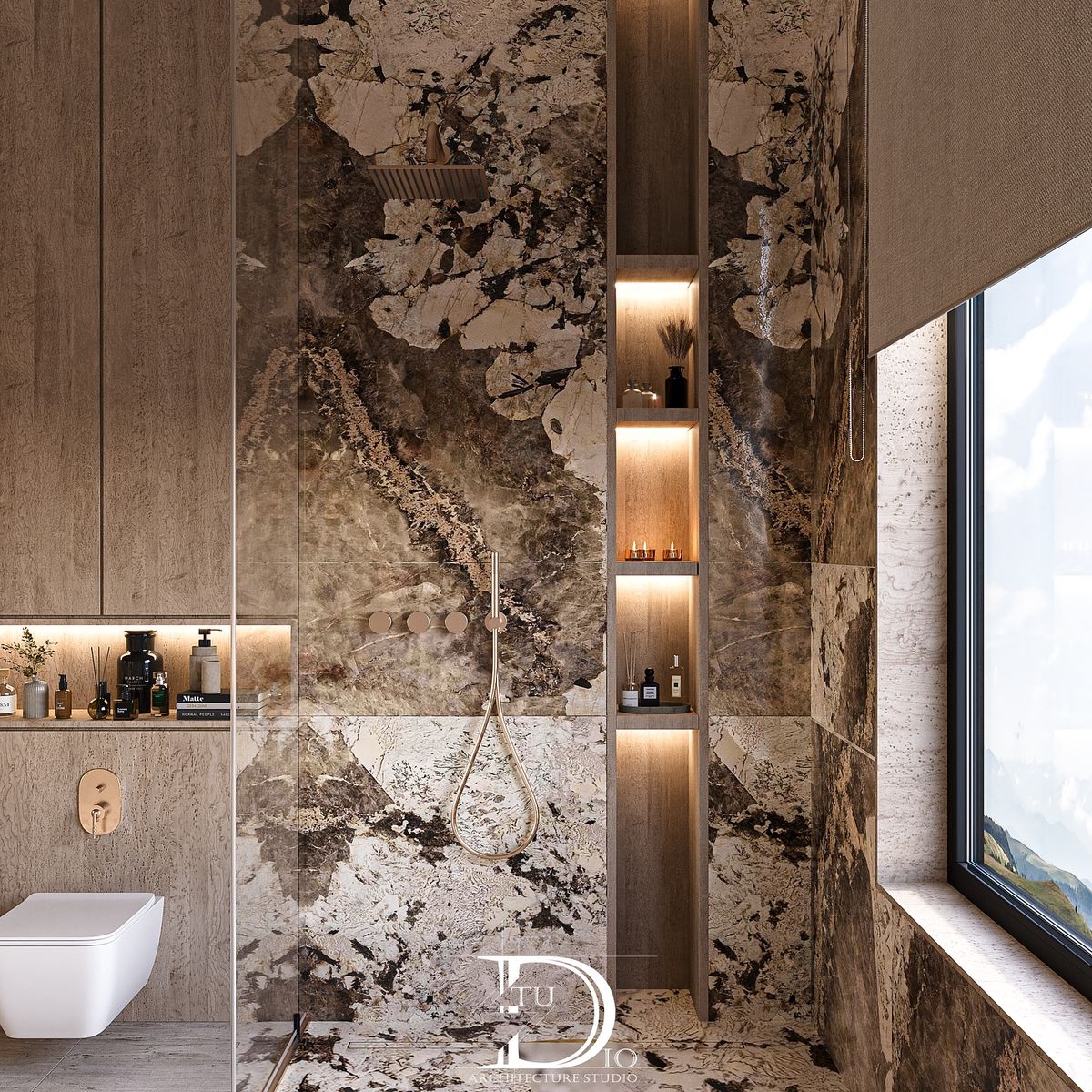 Salle de bain luxueuse en marbre Breccia brun avec niches eclairees et boiseries