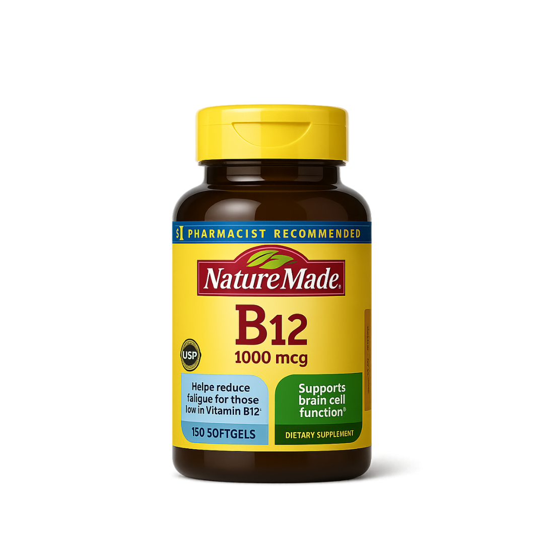 Nature Made B12 1000mcg amber softgel bottle with yellow label rendered front facing