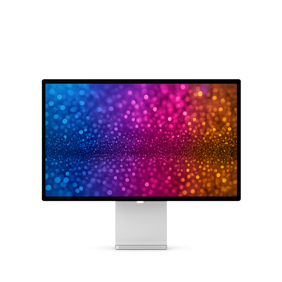 Apple Studio Display rendered front facing with vibrant bokeh wallpaper and aluminum stand