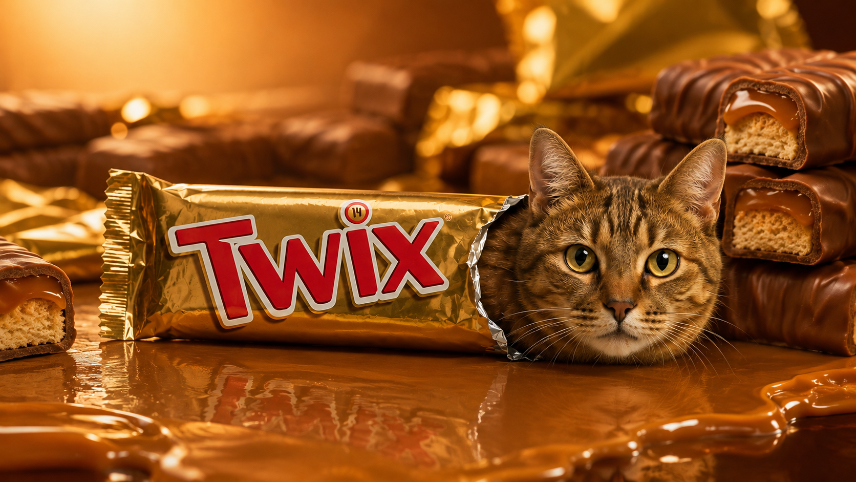 A Twix bar with a tabby cat's head peeking out, surrounded by stacked chocolate caramel bars and dripping caramel