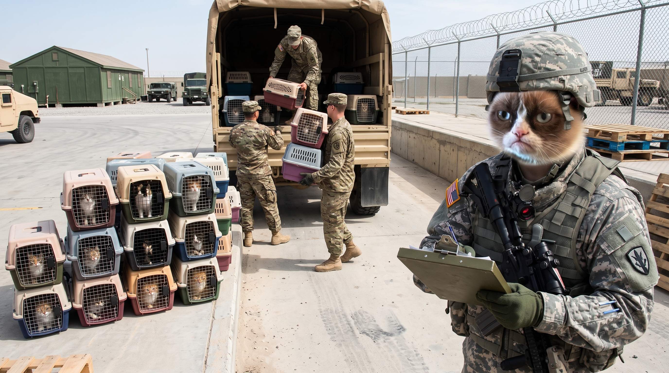 Soldiers unloading cat carriers at military base