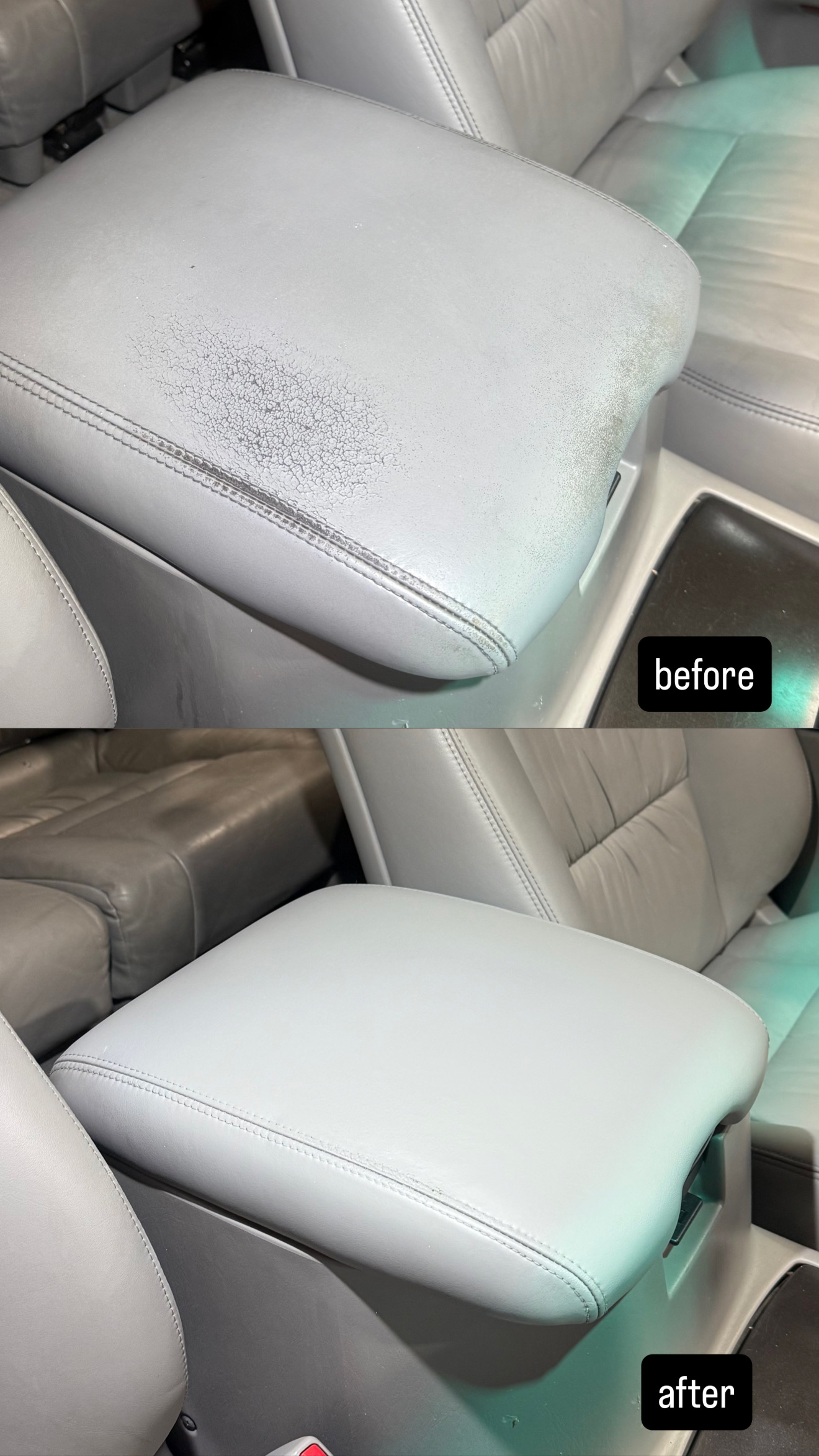 Before and after car center console armrest repair removing dark stain