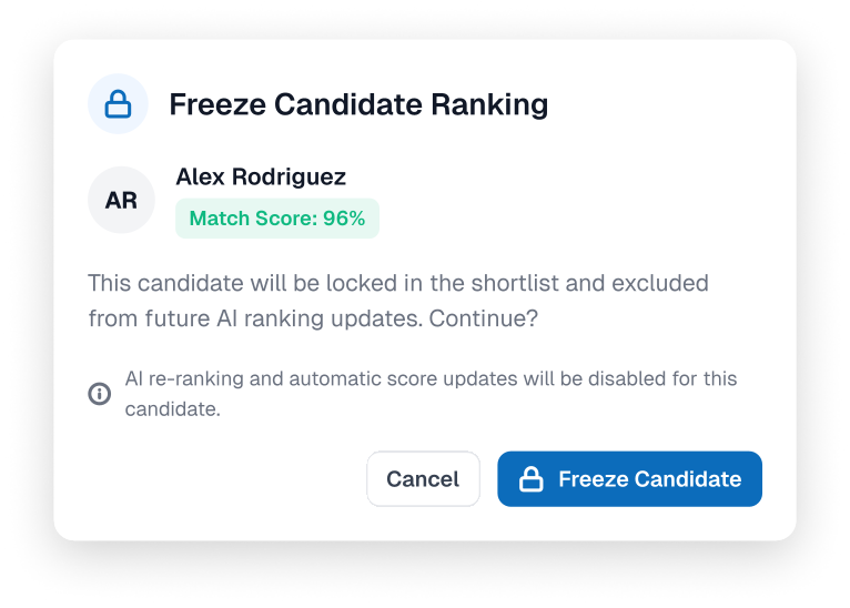 Freeze candidate confirmation dialog with match score and consequences