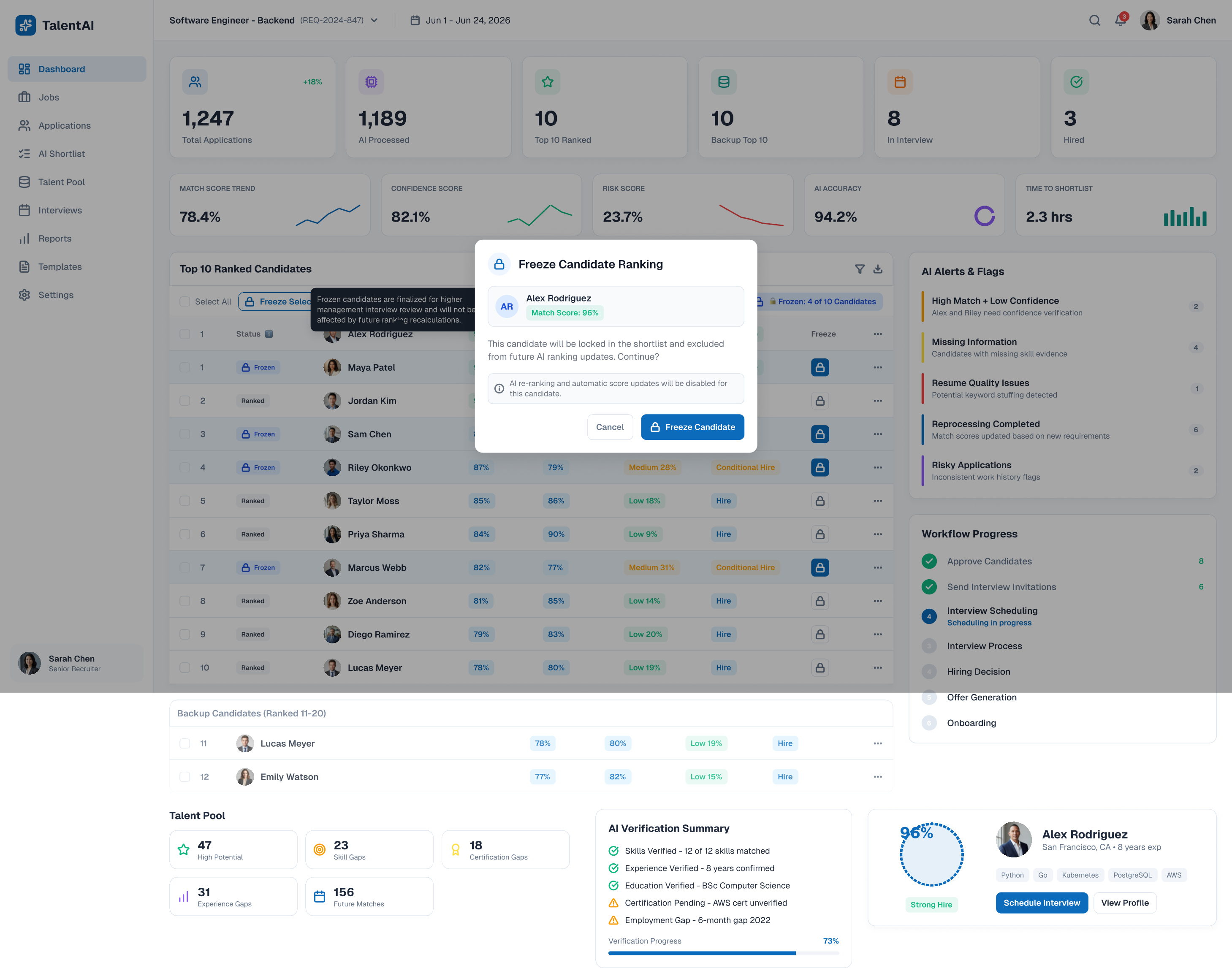 TalentAI recruiter dashboard with a candidate freeze confirmation