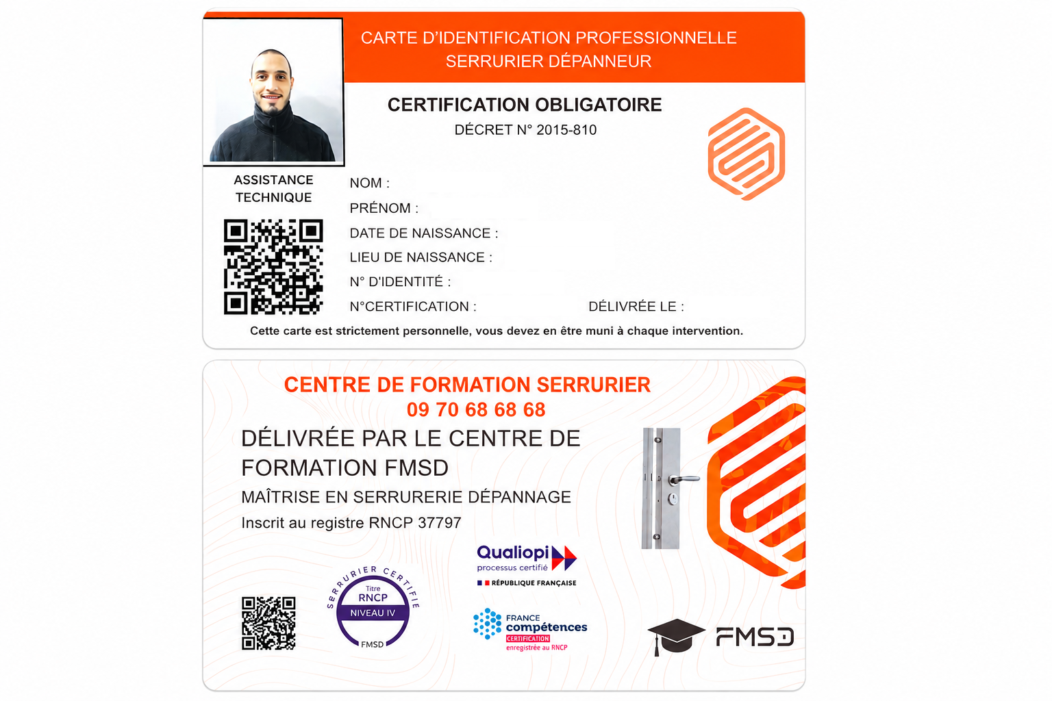 Carte d'identification professionnelle Serrurier Dépanneur - Certification obligatoire Décret N° 2015-810 - FMSD Centre de Formation - Recto et Verso