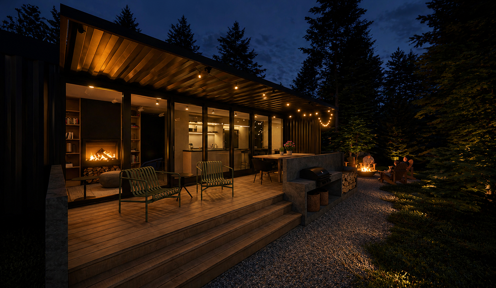 Cabine-conteneur avec terrasse et foyer extérieur