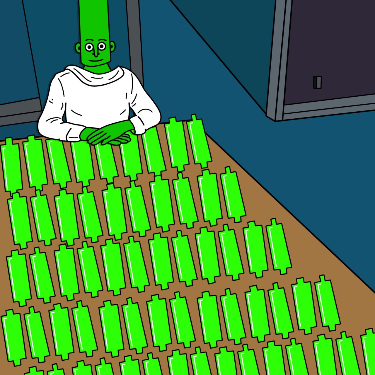 Fred with many green candles arranged on a table