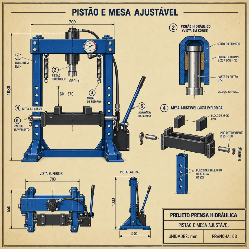 Pistão hidráulico e mesa ajustável