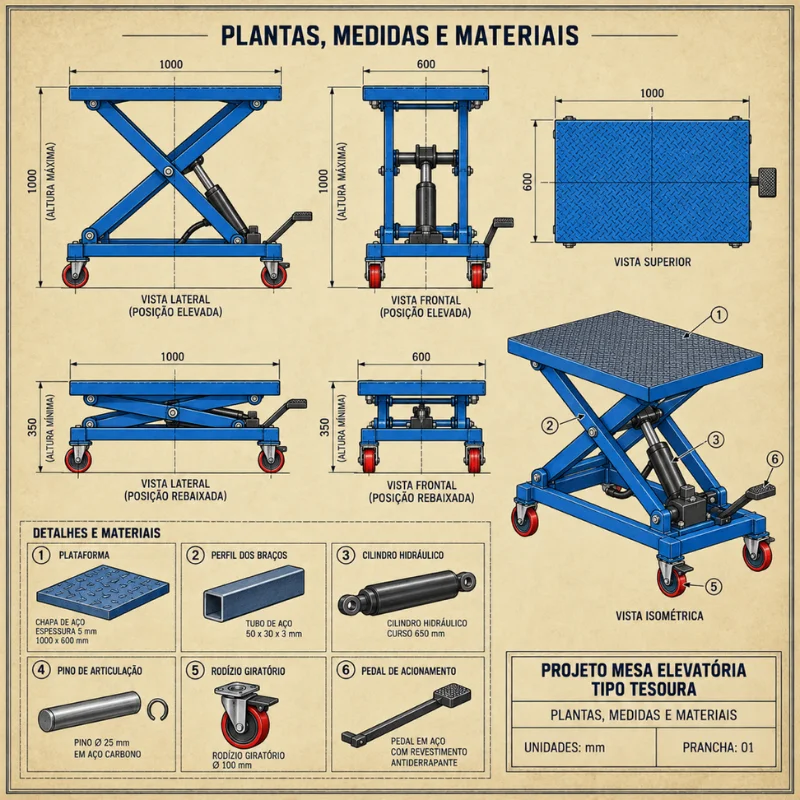 Plantas, medidas e materiais