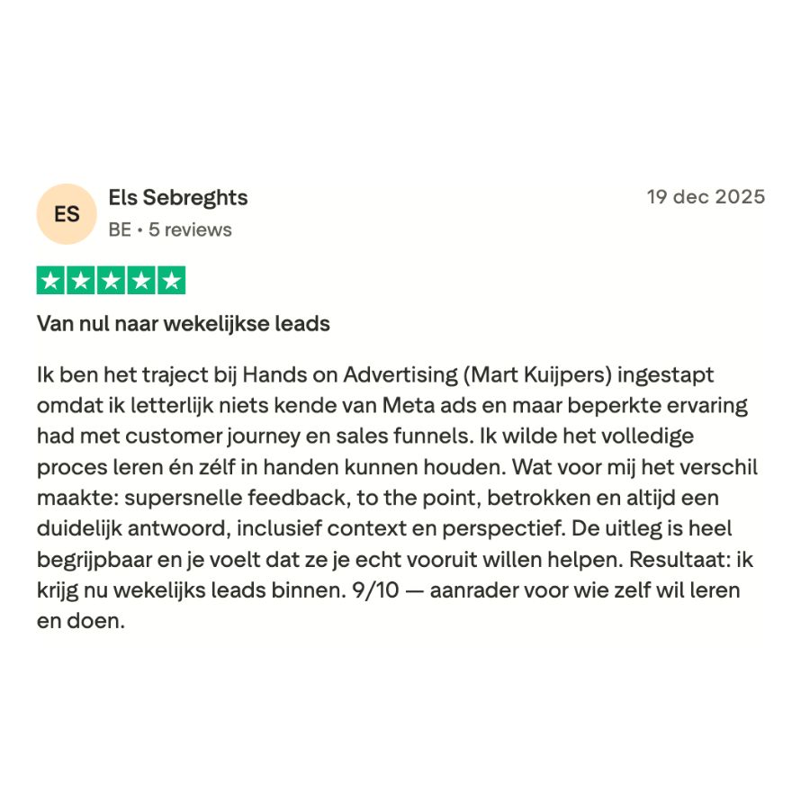 Trustpilot review van Els Sebreghts - Van nul naar wekelijkse leads