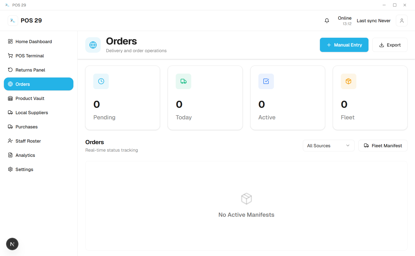 Orders screen showing pending, today, active and fleet counts with real-time status tracking