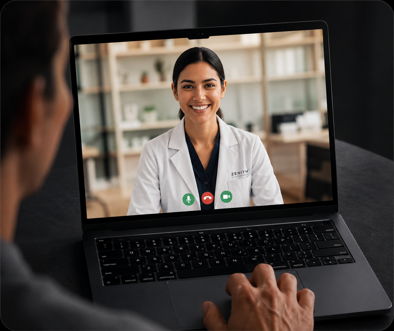 Telehealth consultation with Zenith practitioner on laptop screen