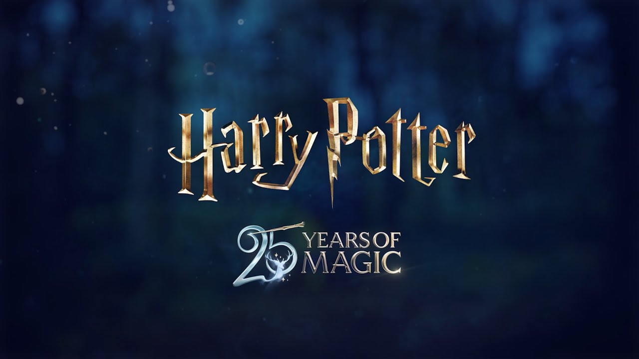 Harry Potter 25 Years of Magic anniversary logo on a misty blue forest background