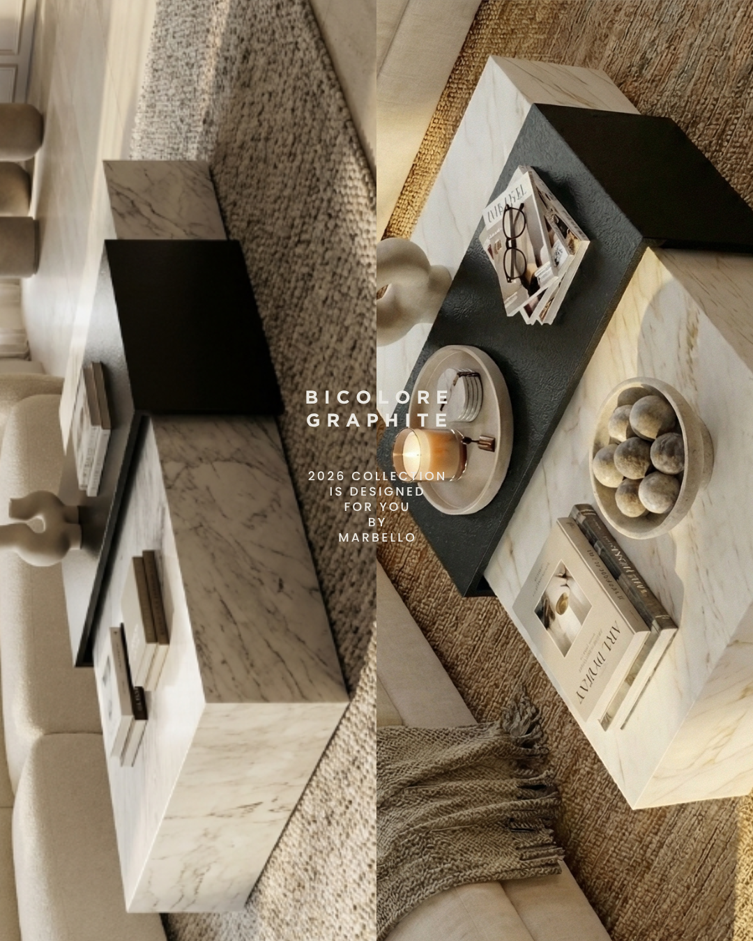 BICOLORE GRAPHITE - Vue aérienne des deux blocs imbriqués, marbre blanc et graphite texturé