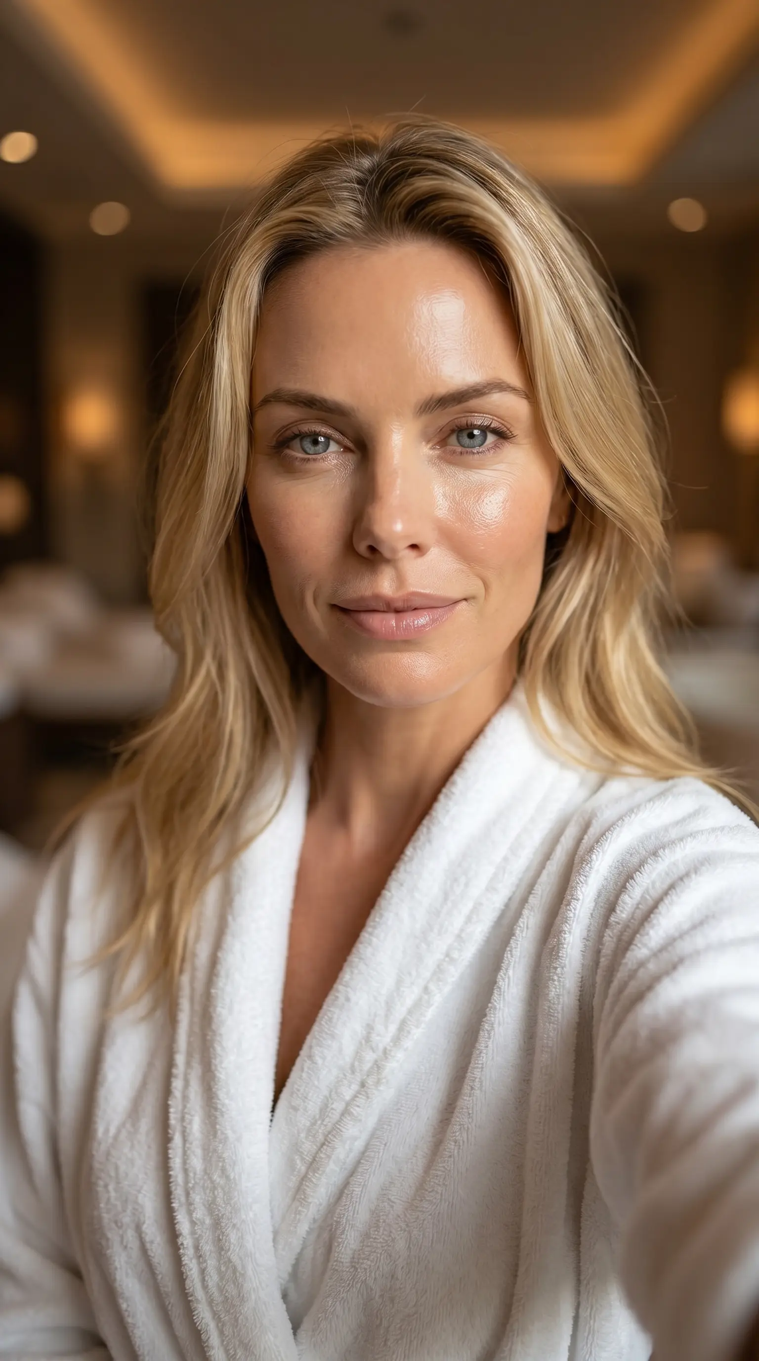 Client with glowing skin in spa robe