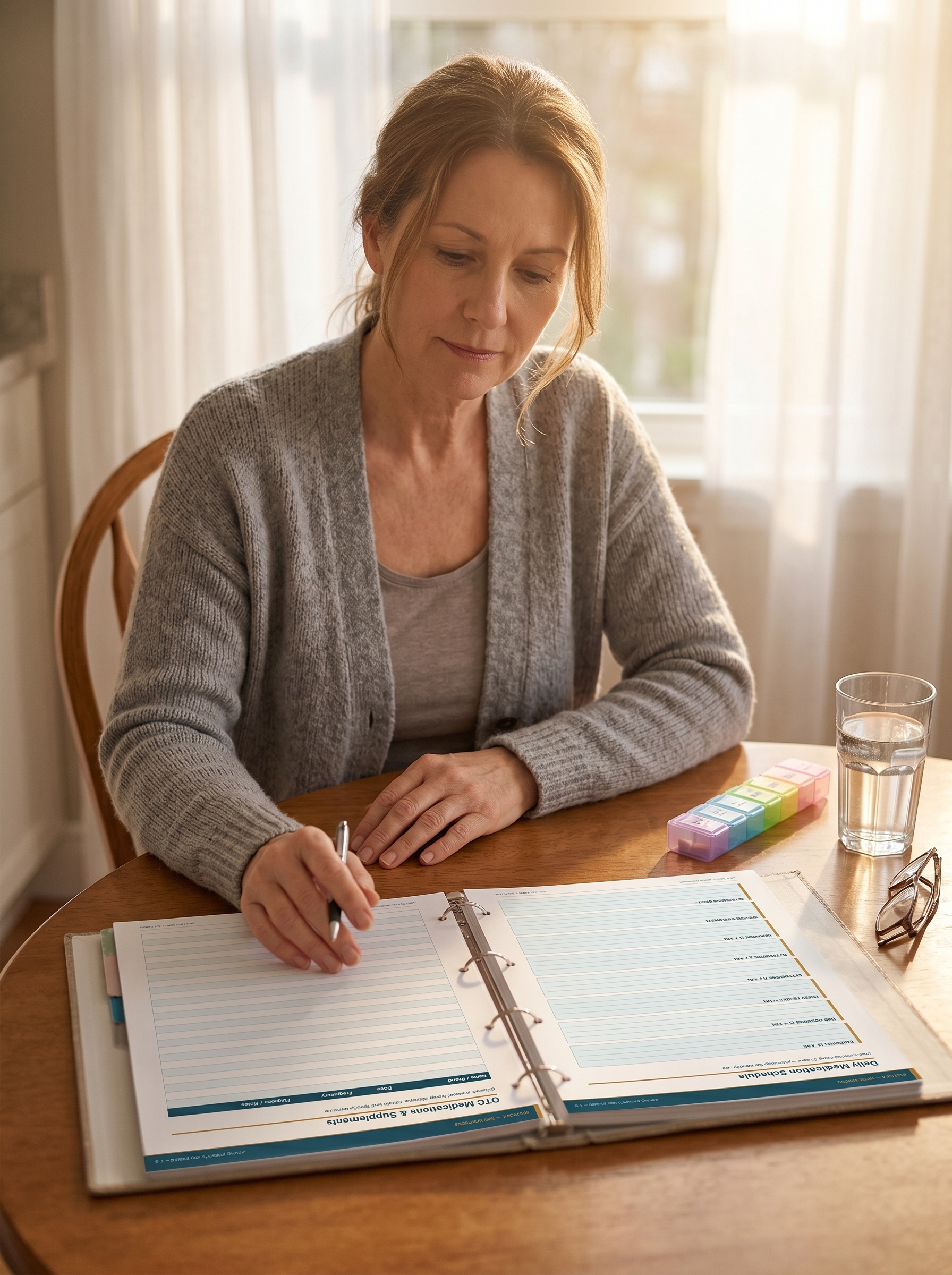 Woman writing in her medication tracking binder with pill organizer nearby
