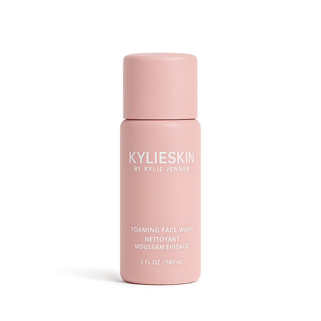 Kylie Skin foaming face wash bottle rendered in soft pink