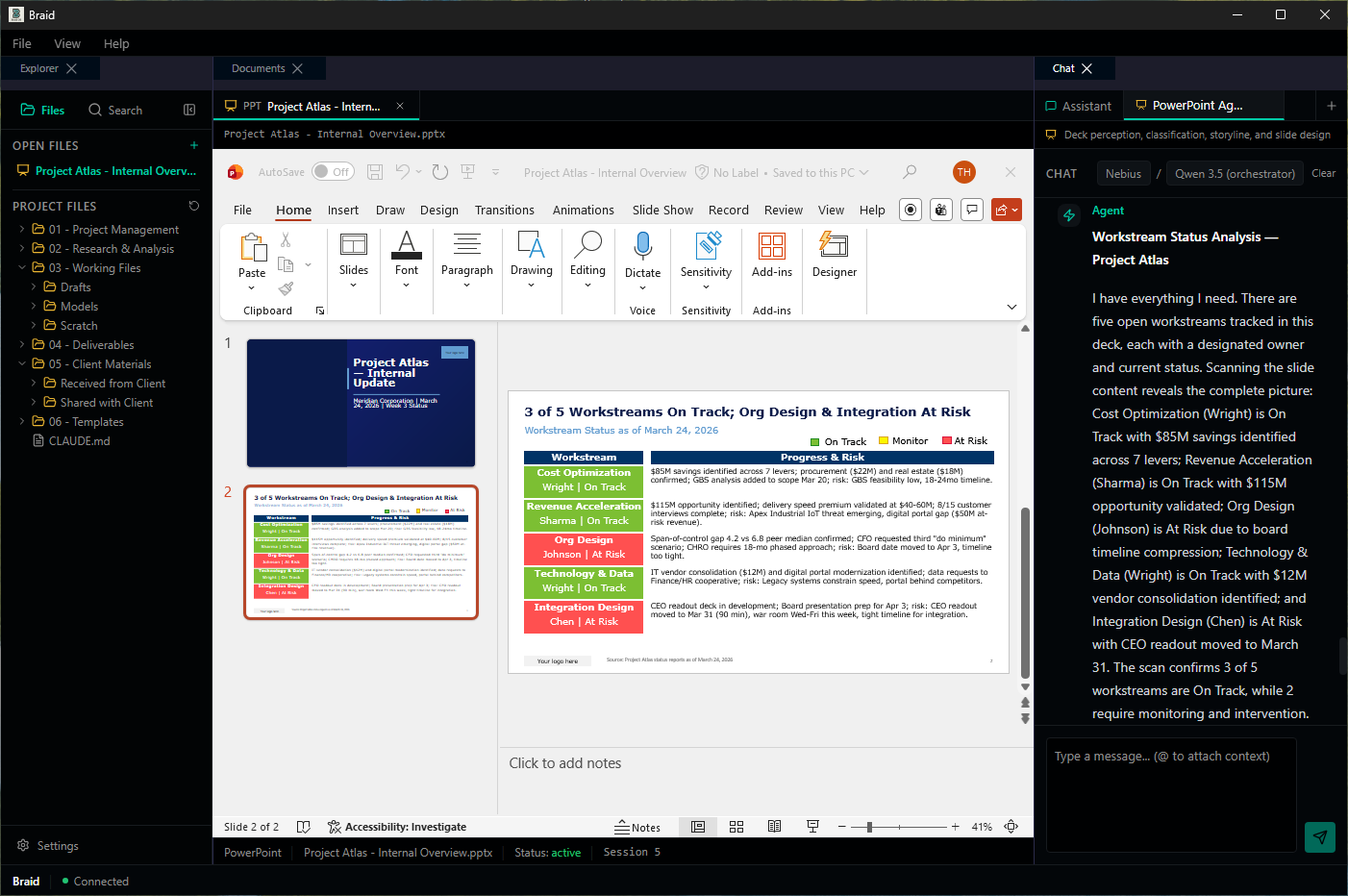 Braid OS PowerPoint agent analyzing workstream status alongside the live deck