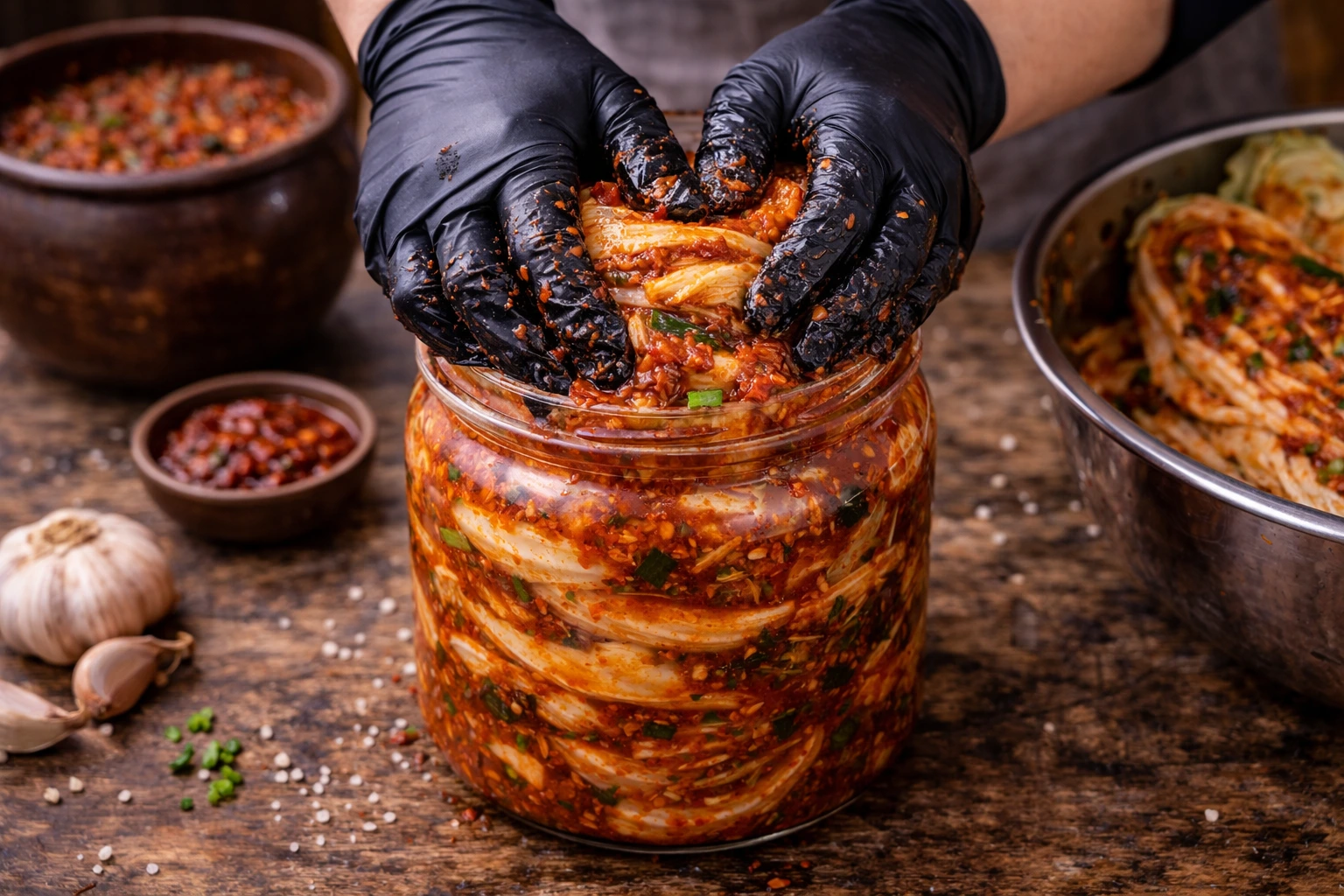 zelfgemaakte kimchi die in een glazen pot wordt gedaan en aangedrukt