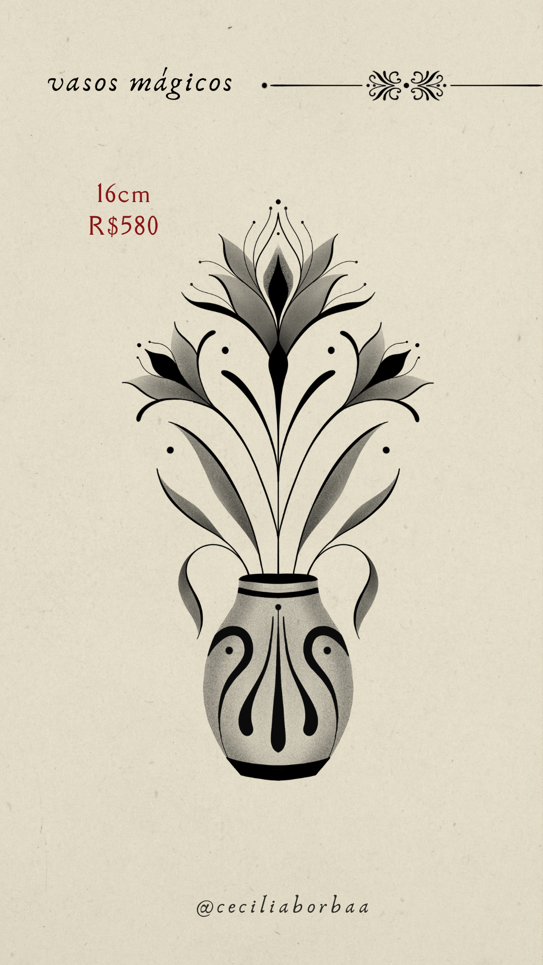 Vaso ornamental grande com planta floral central e sombreado — Vasos mágicos por Cecília Borba