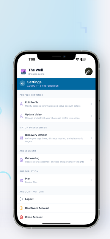The Well settings screen on a phone