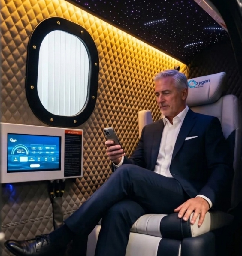 A man relaxing in a spacious chamber cabin, seated in a reclining chair beneath a starlit ceiling, with quilted gold upholstery, an oval window, and touchscreen controls