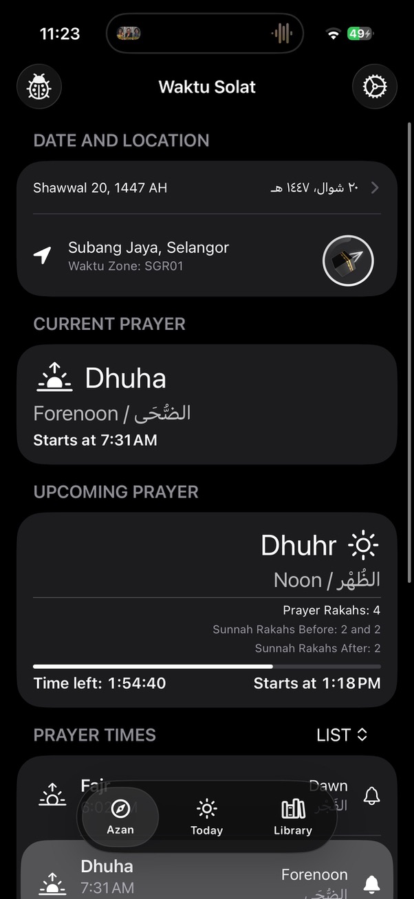 Prayer times screen