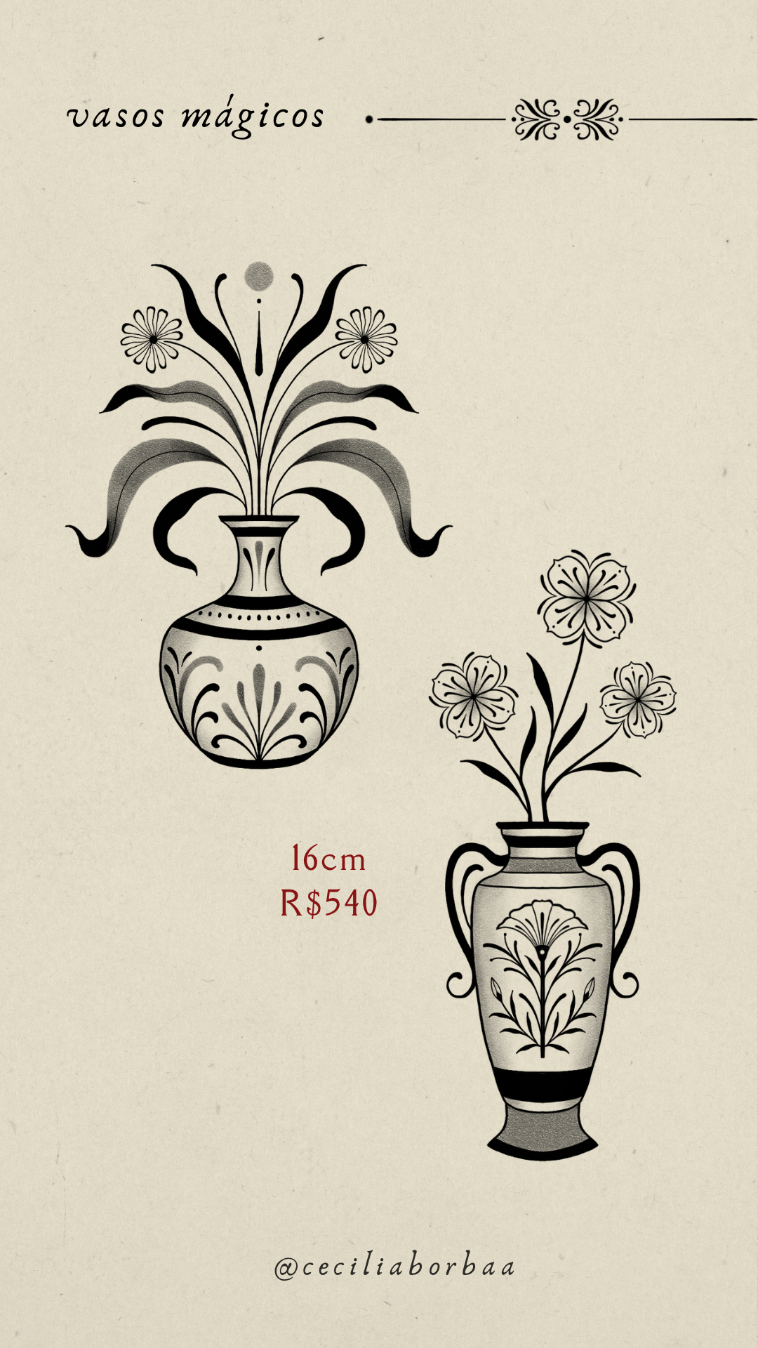 Vaso com folhas e flores ornamentais e vaso menor com flores delicadas — Vasos mágicos por Cecília Borba