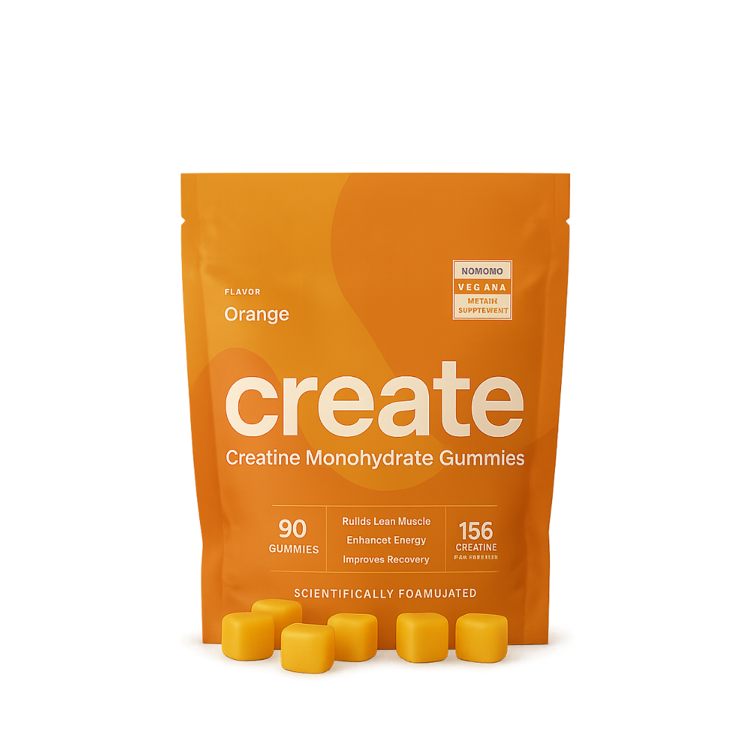 Create creatine monohydrate gummies orange pouch with floating gummies rendered cleanly