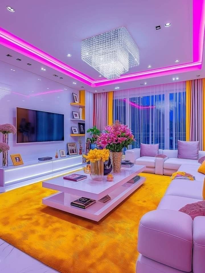 Vibrant purple and yellow living room design