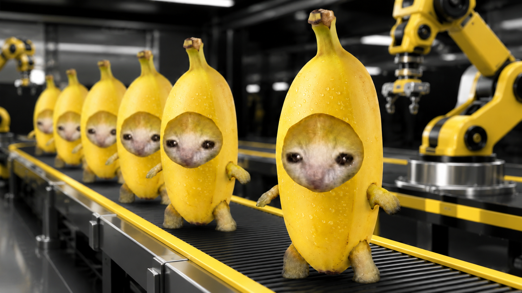 Banana cats on factory conveyor belt