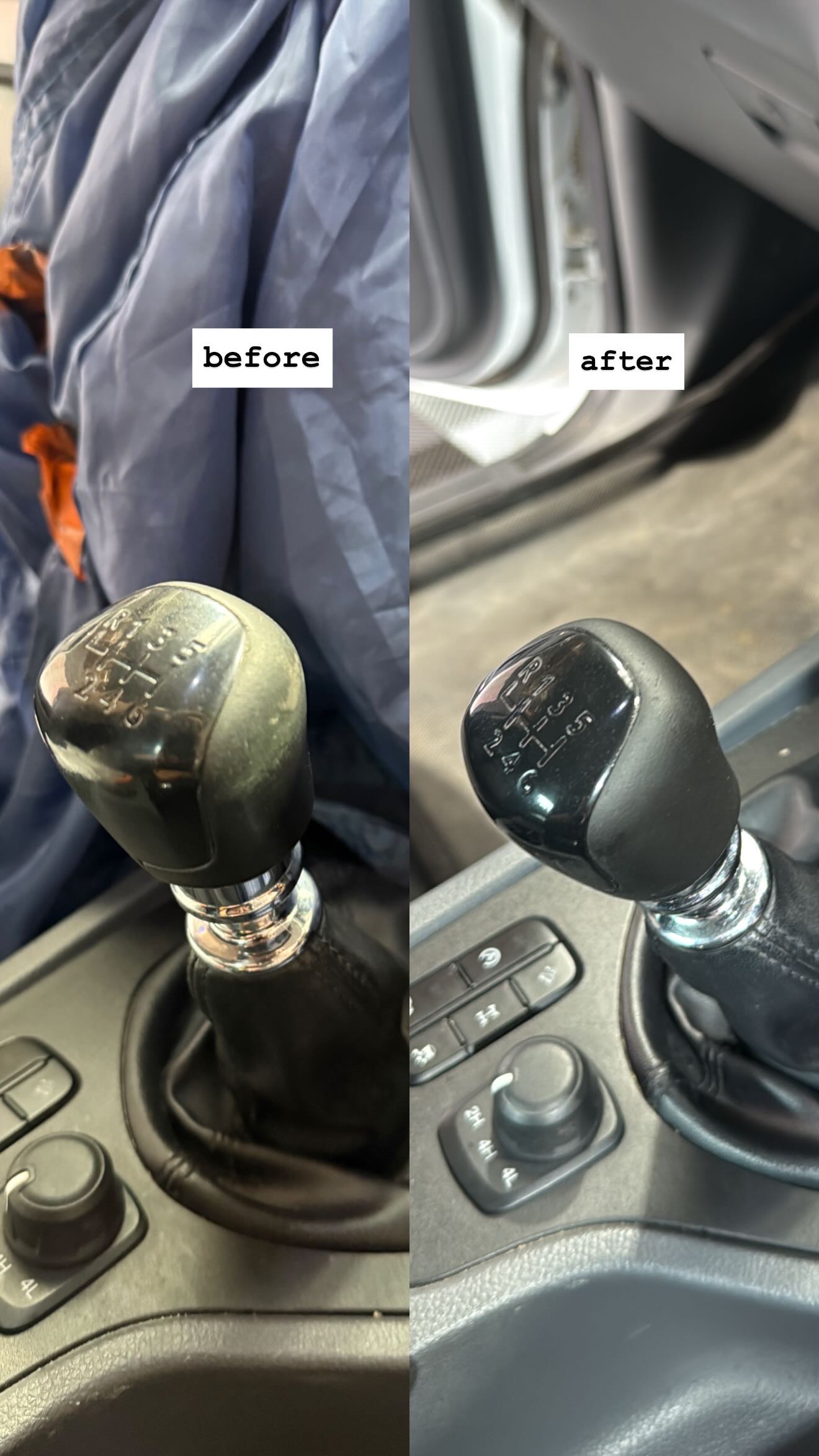 Before and after car shift knob restoration from worn faded leather to deep black