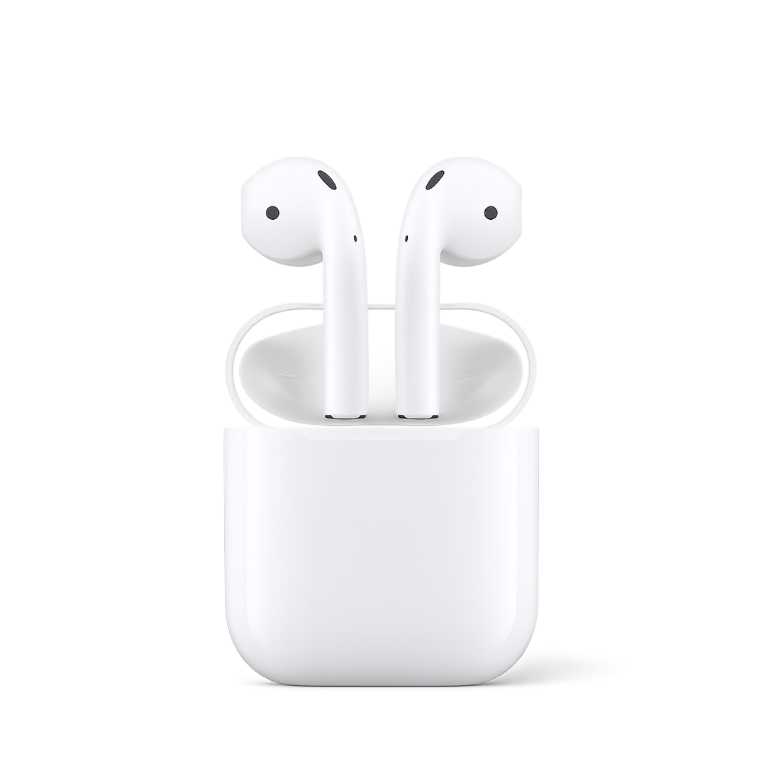 Apple AirPods open case rendered in clean white with both earbuds floating above