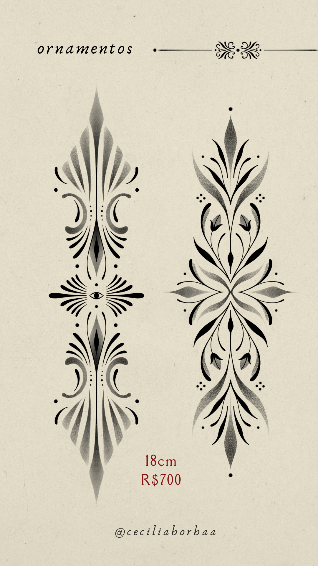 Dois ornamentos verticais com padrão ornamental e olho — Ornamentos por Cecília Borba