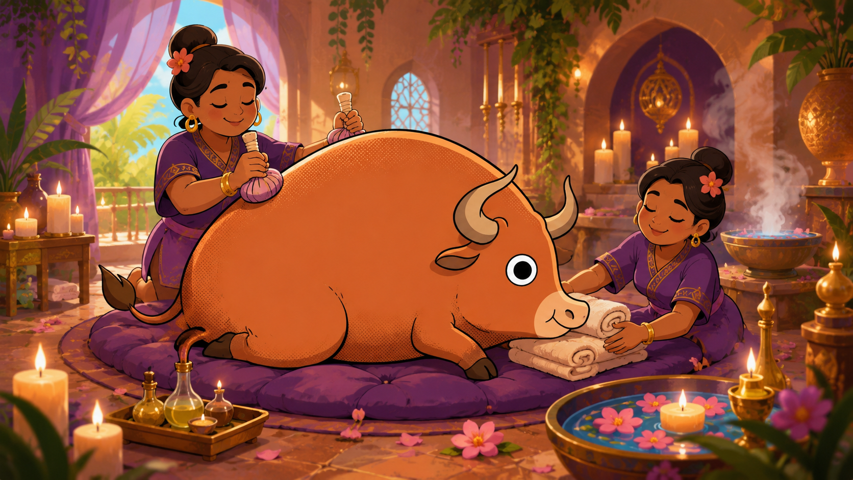 Bull Jimothy getting a massage in an ornate spa