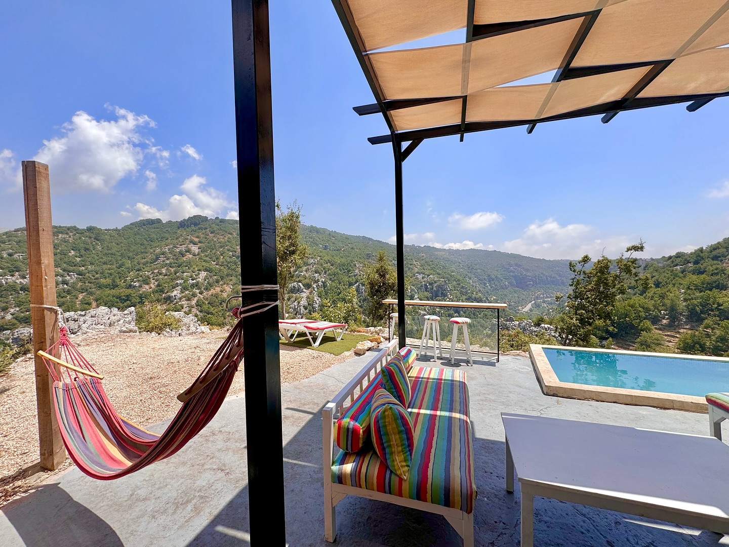 Pool and terrace with mountain view