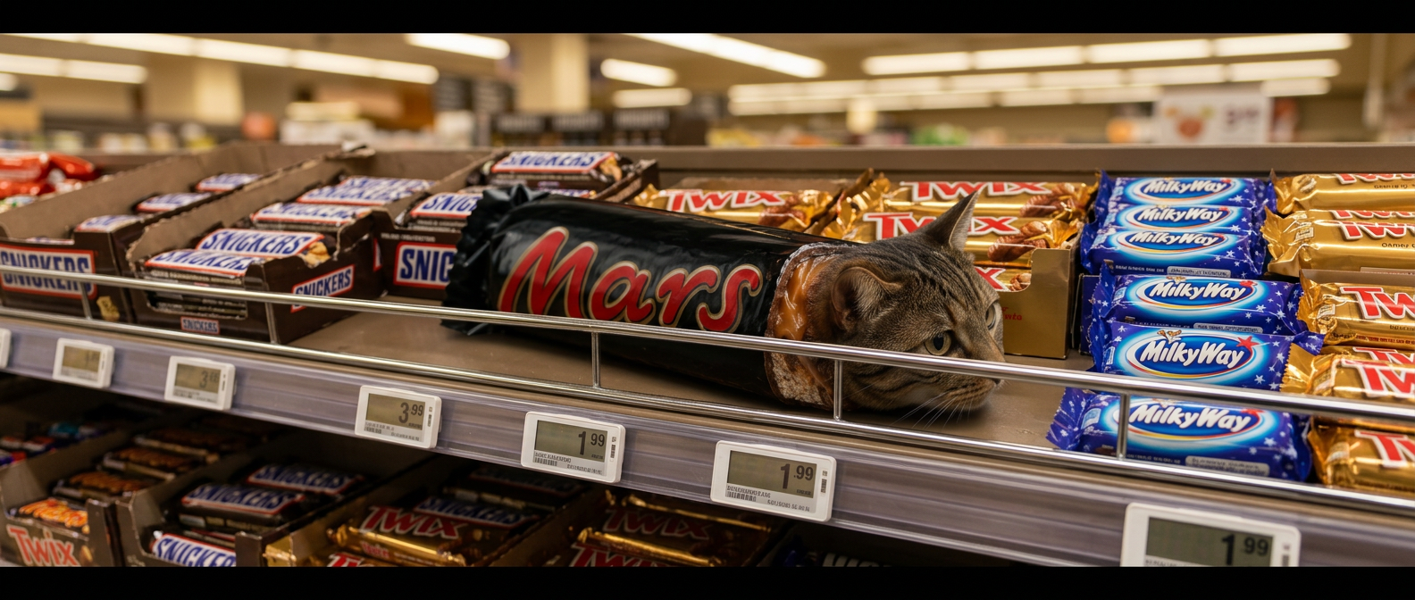 Mars Cat found in aisle seven among Snickers, Twix, and Milky Way bars