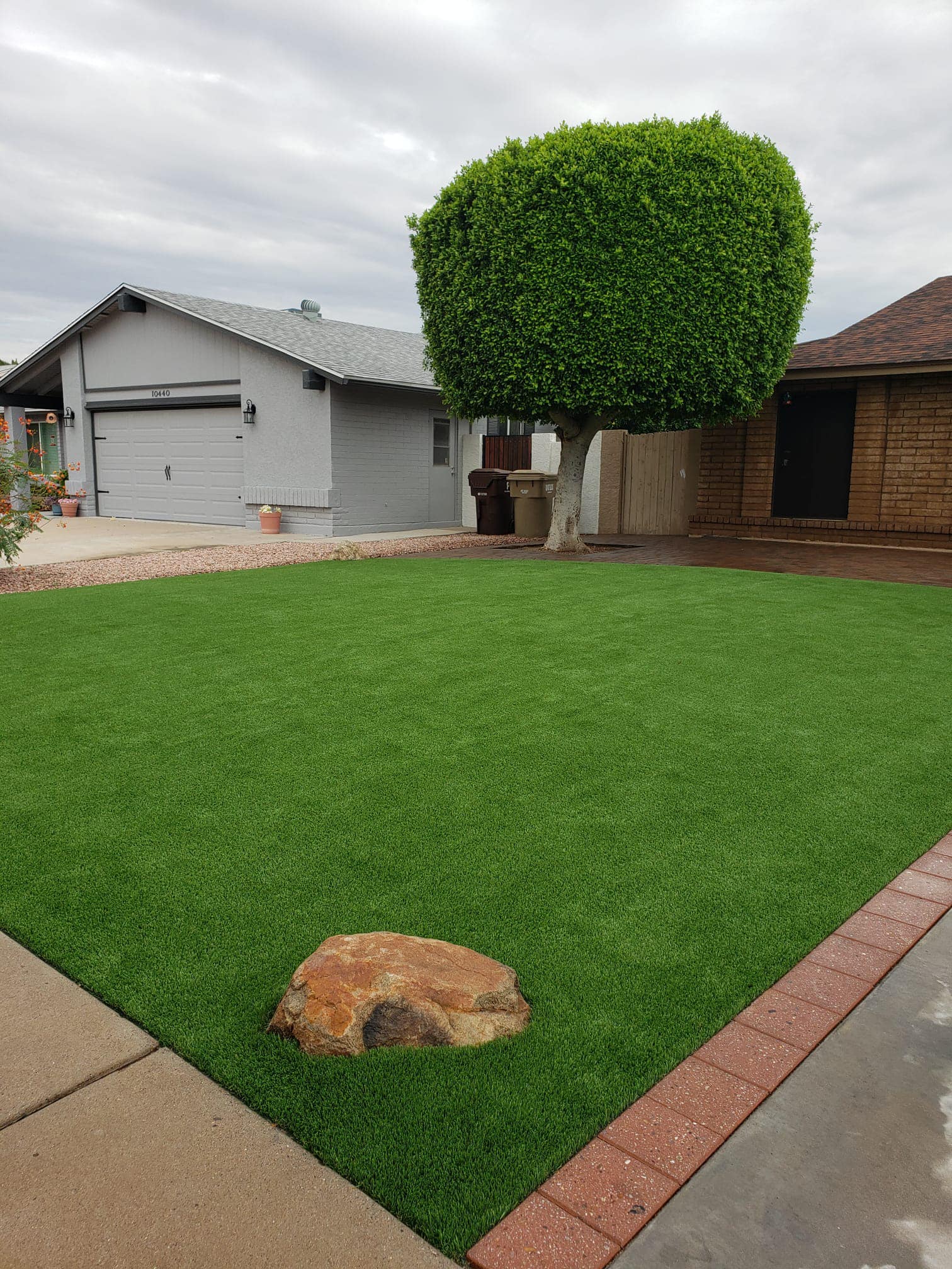 Artificial turf front yard with mature tree and natural boulder accent