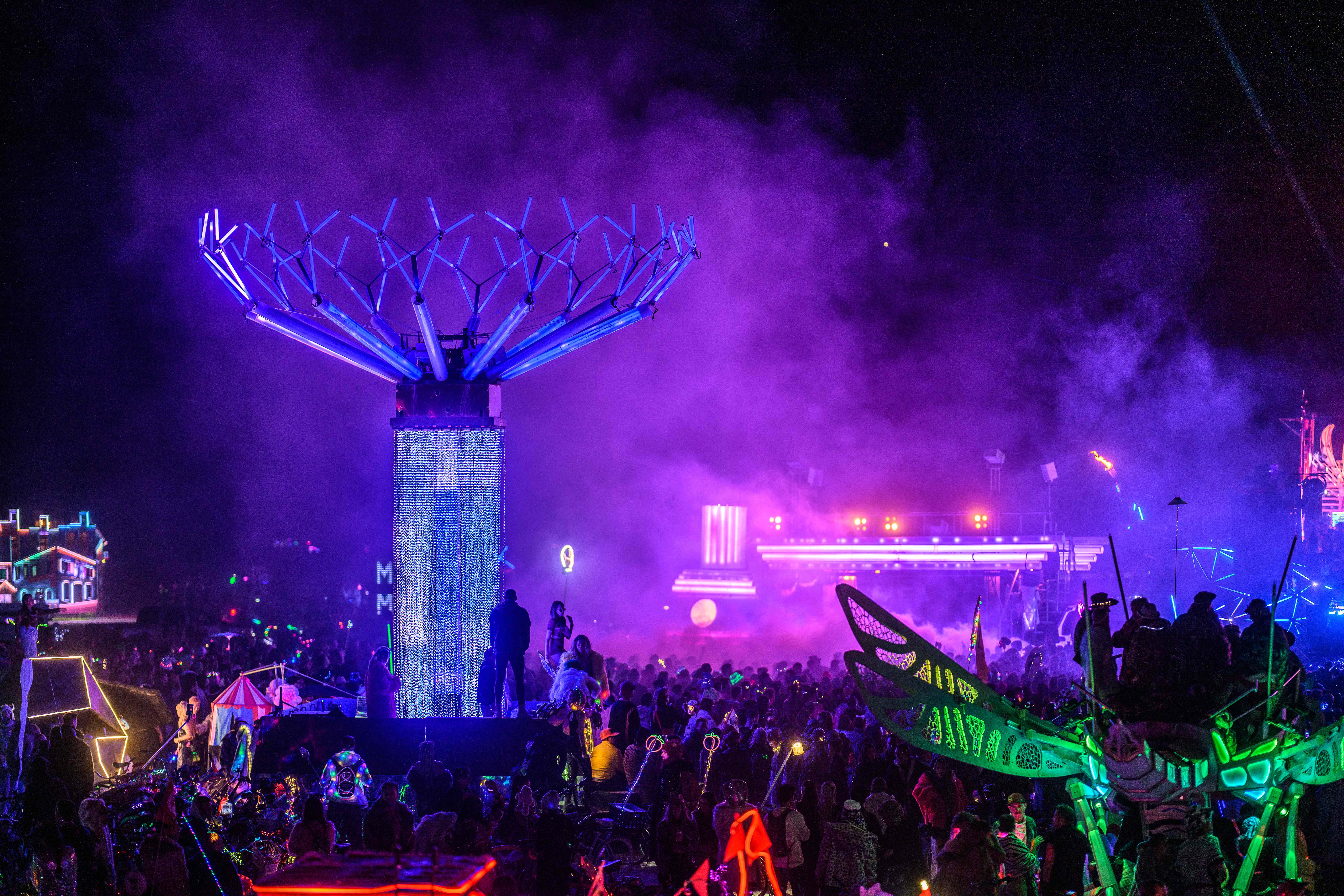 BiPolar Express art car and Singularity Tree at Burning Man