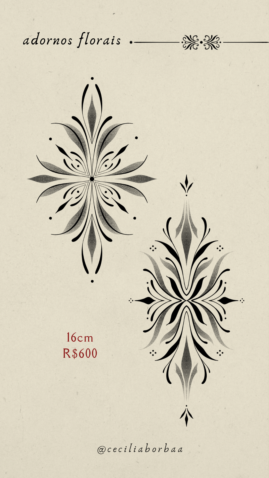 Dois ornamentos florais com simetria e detalhes — Ornamentos por Cecília Borba