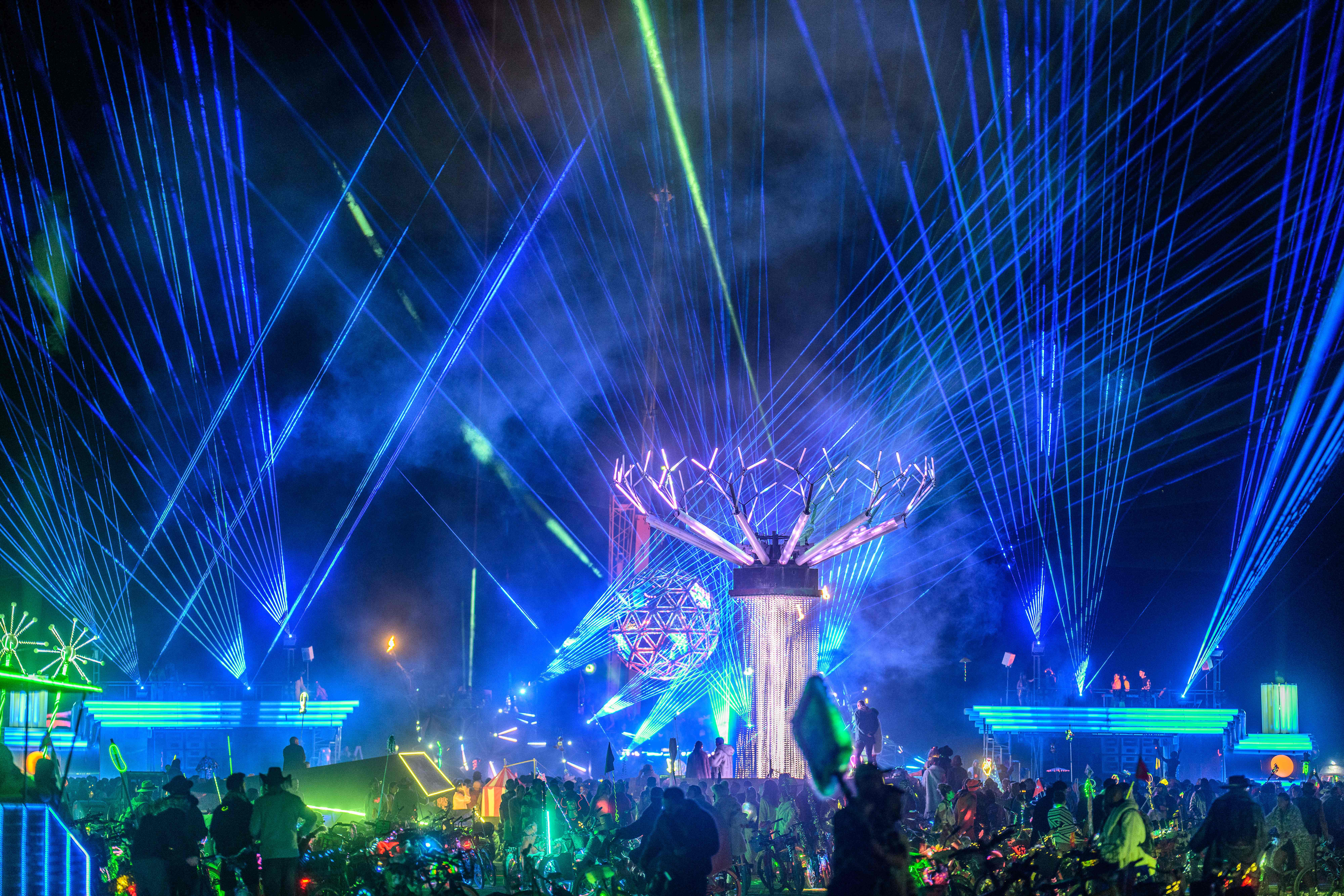 BiPolar Express art car and Singularity Tree at Burning Man