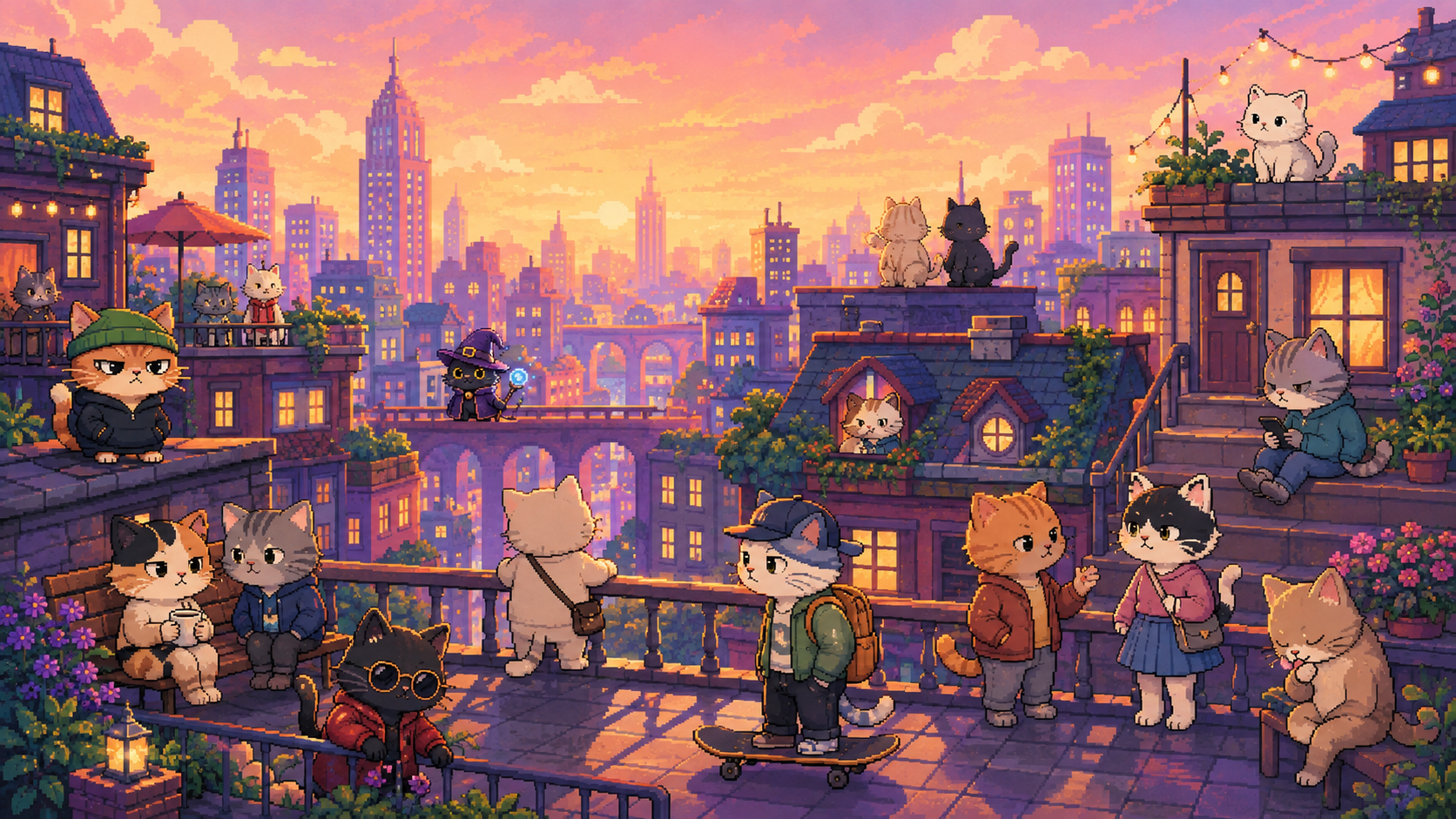 Cats of every style gathering on a rooftop terrace at sunset with the city skyline behind them