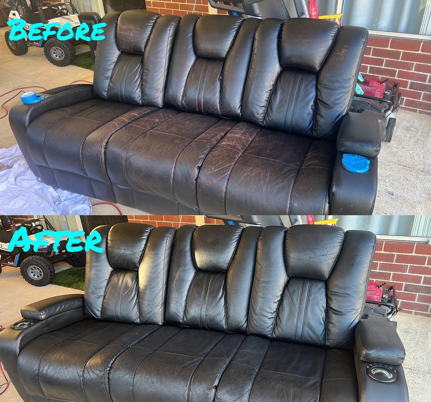 Black leather recliner colour restoration — faded finish restored to deep black — Tuggeranong, Canberra ACT