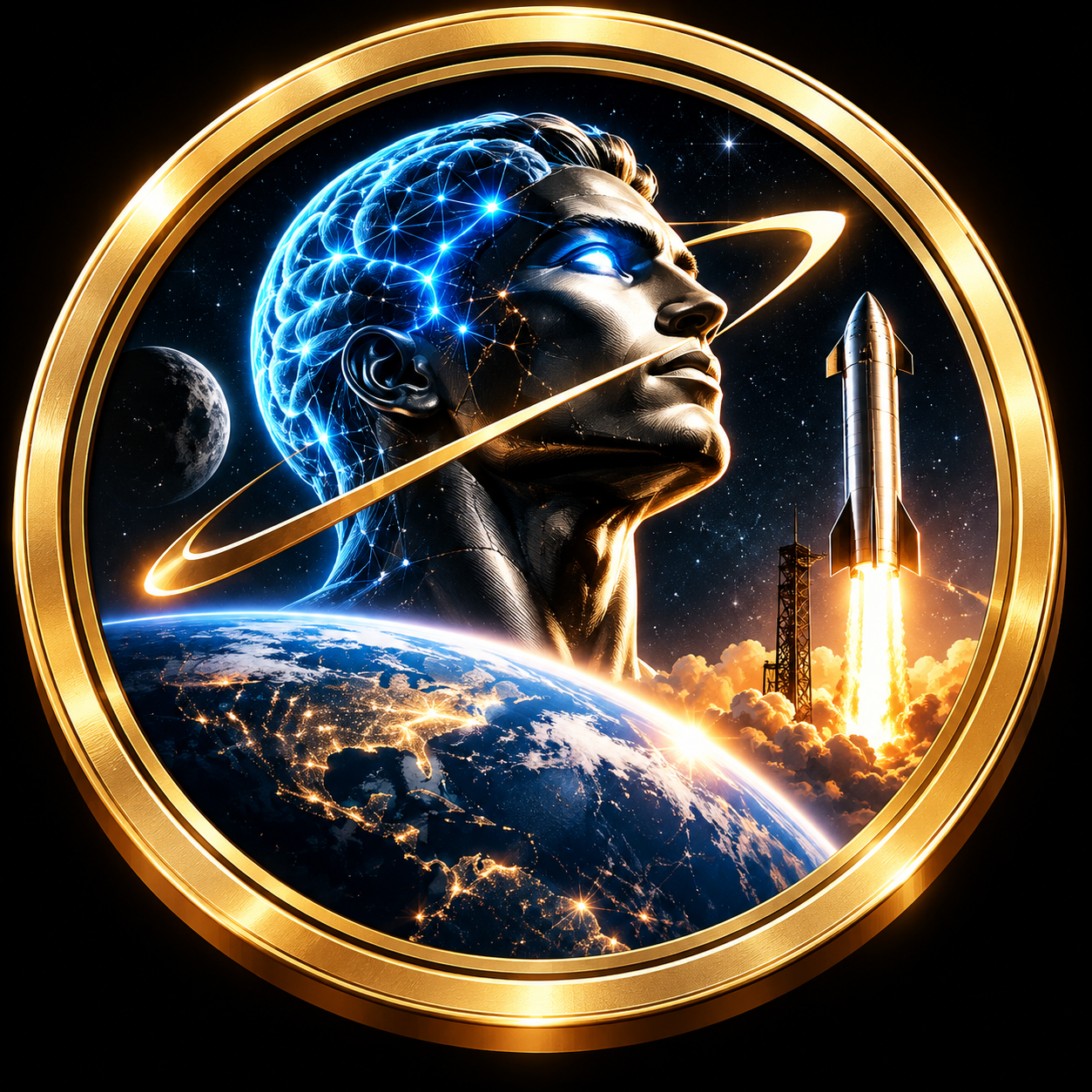 A golden medallion depicting a luminous intelligent face, a rocket lifting off, Earth, and a star-filled sky