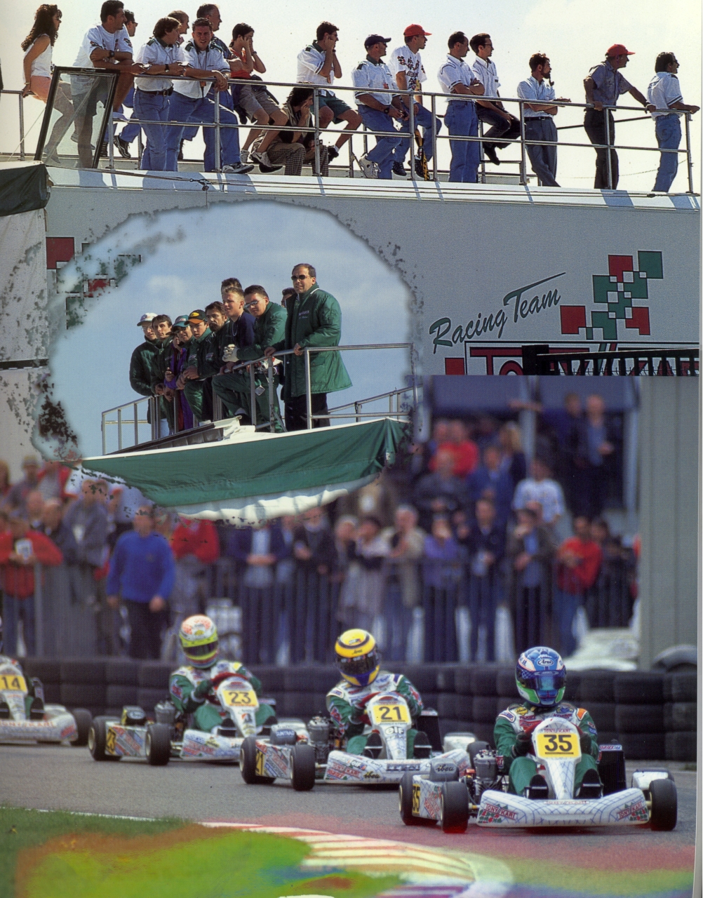 Racing team management - Tony Kart drivers on track with team crew watching from the pit wall