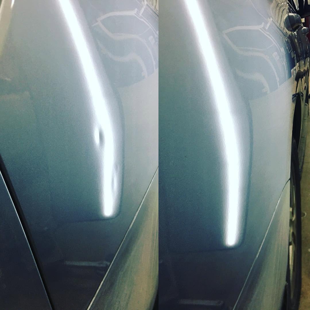 Before and after PDR repair comparison on a teal vehicle panel