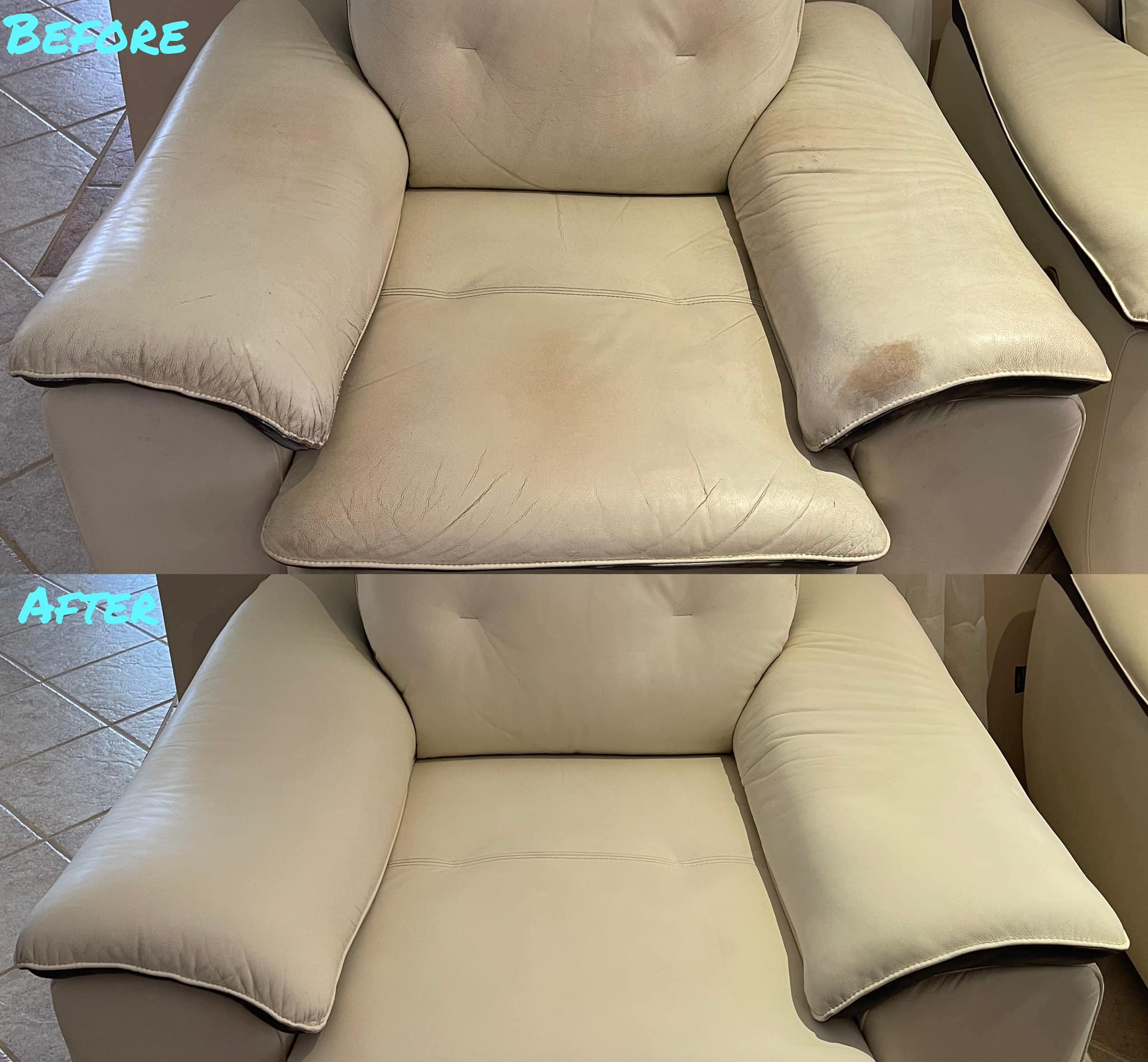 Leather armchair restoration — deep creases, arm stains and colour damage — Tuggeranong, Canberra ACT