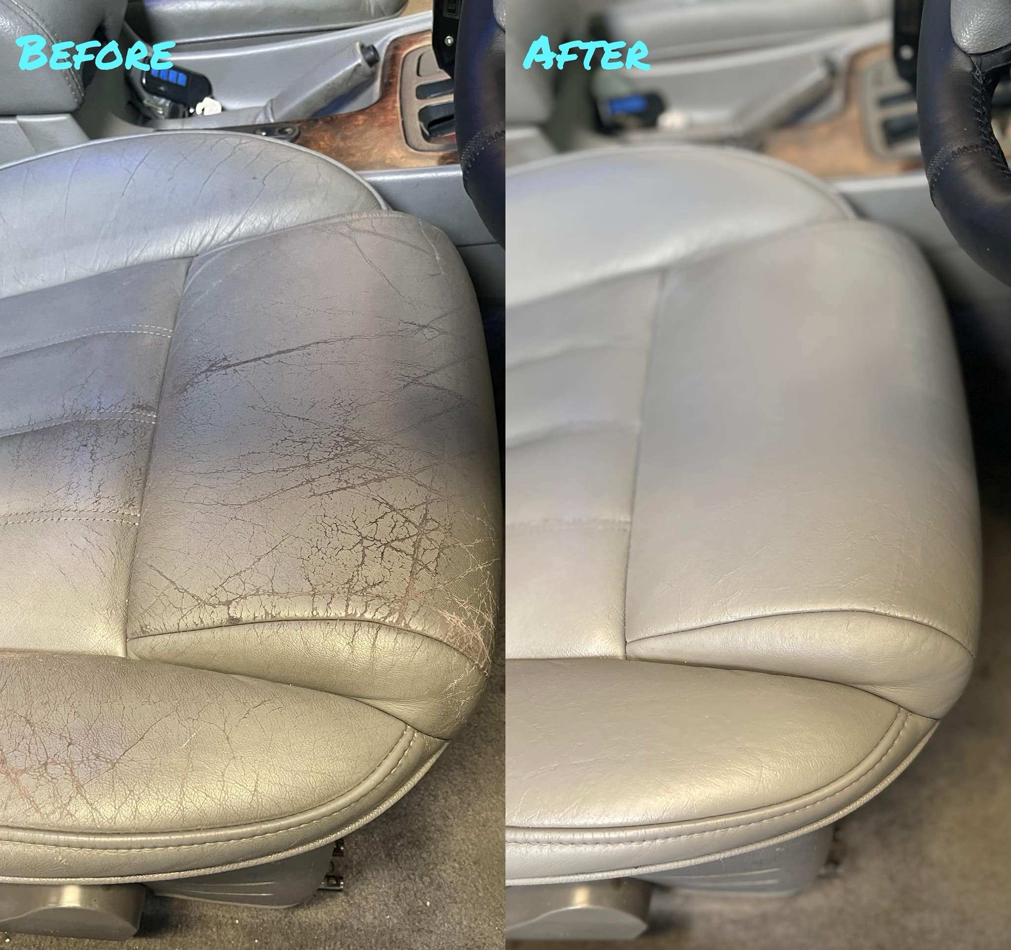 Car seat leather before repair showing spider-web cracking pattern and after repair with smooth restored surface