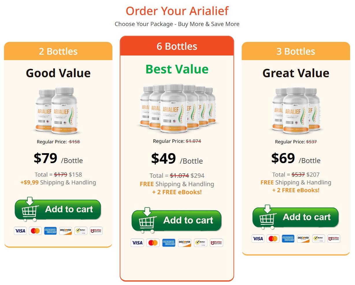 Arialief package options showing two, three, and six bottles